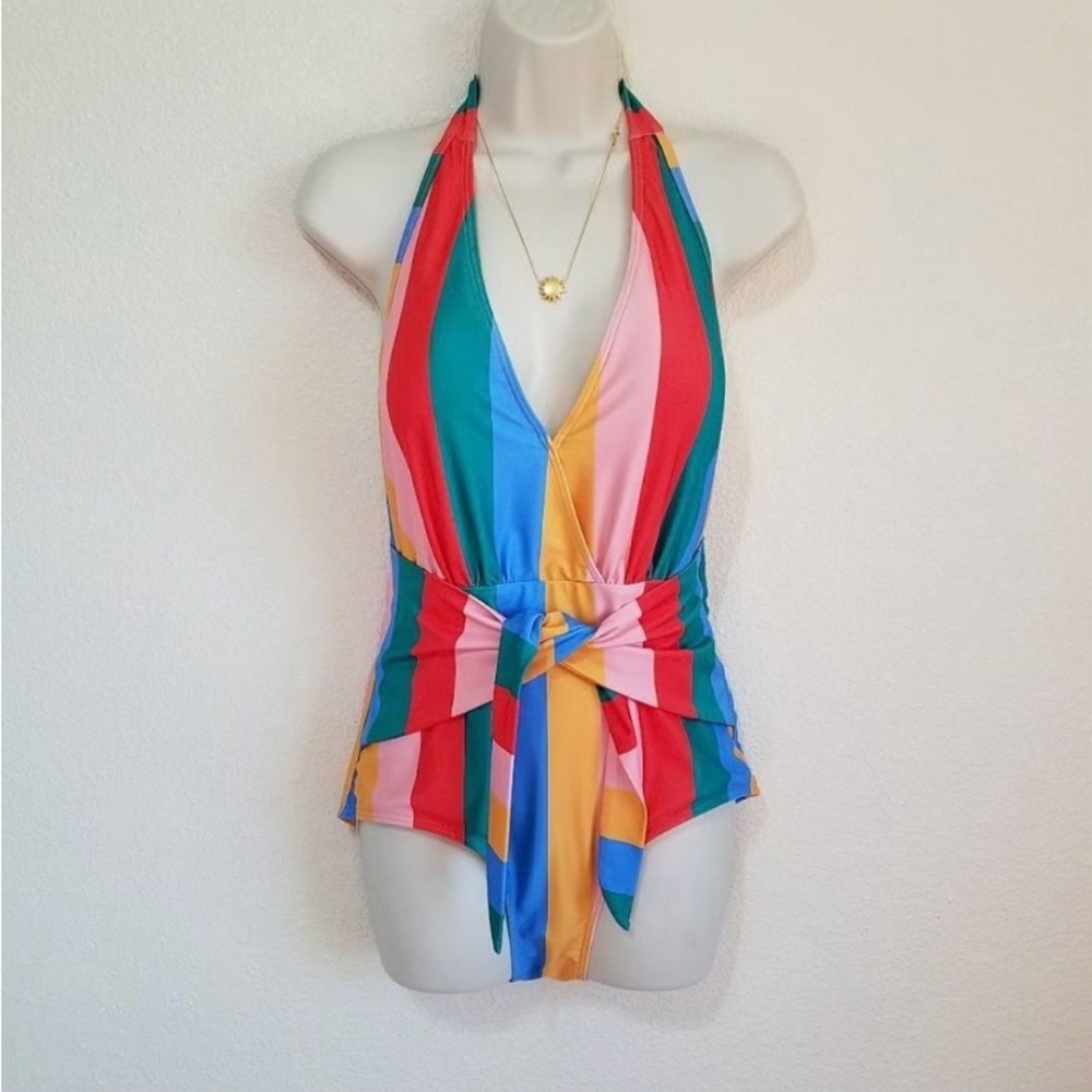 Colorful Striped Halter Swimsuit